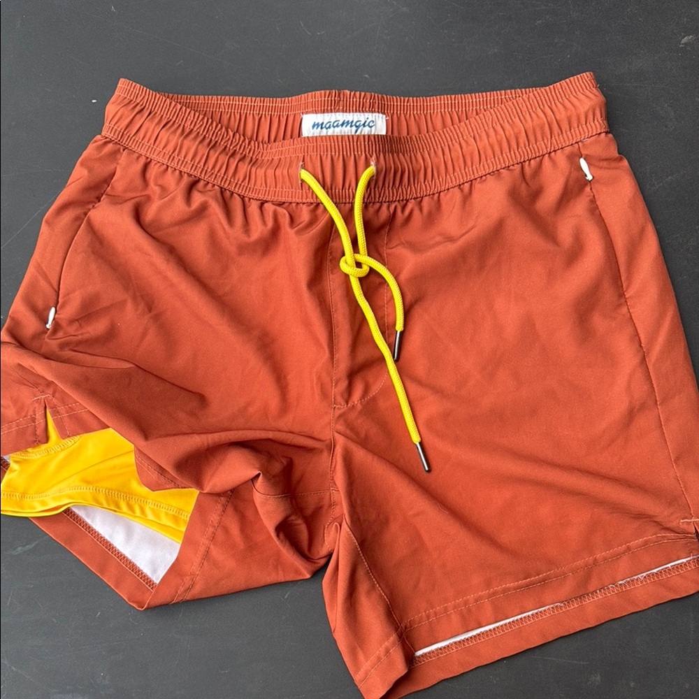 Orange Swim Shorts with Yellow Drawstring